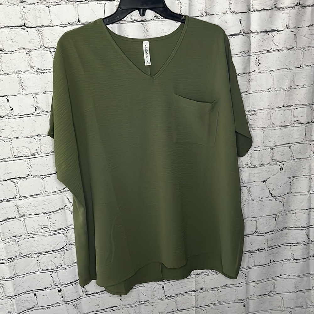 Zenana Green Muslim V-Neck Pocket Blouse - Picture 2 of 4
